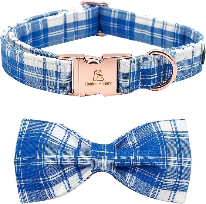 Lionheart glory Dog Collar, Boy Dog Collar Bowtie Blue Plaid Adjustable Dog Bowtie Collar Bows Dog Collar for X-Large Dogs