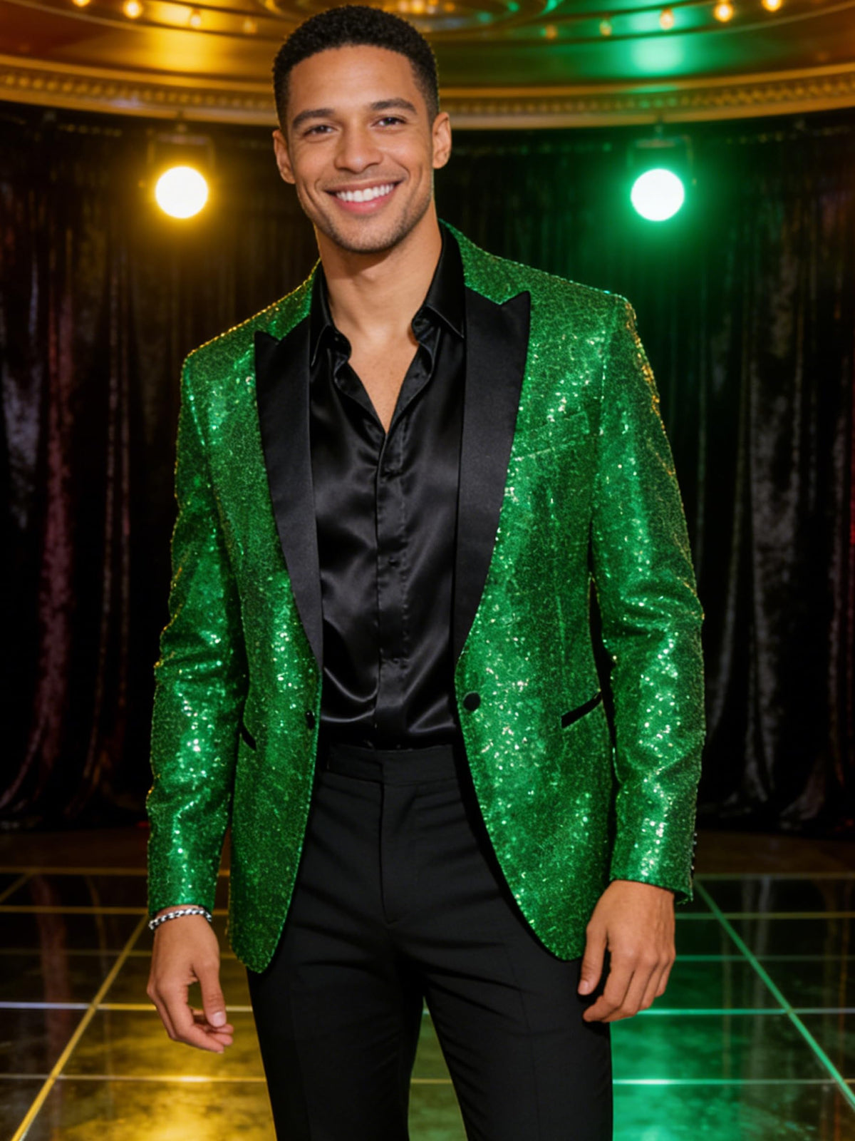 Barry.Wang 70s Disco Sequins Blazer Mens Sparkle Metallic Suit Jacket