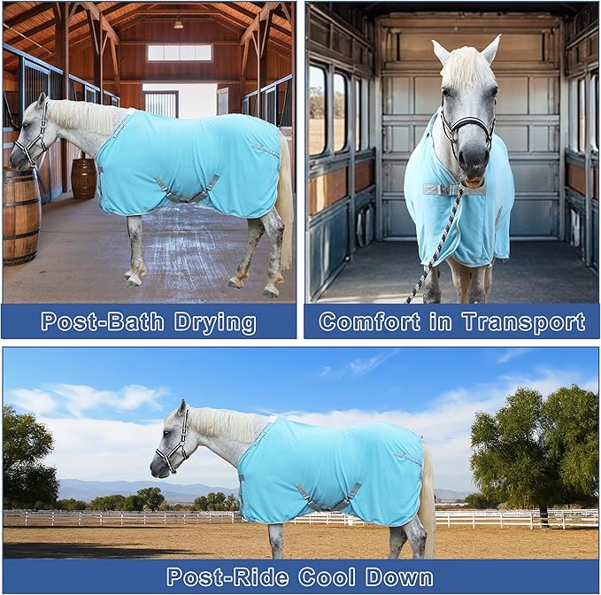 Horse Fleece Cooler, Blanket Liner - 300g Anti-Pilling Fleece, Moisture-Wicking, Cooling & Drying for Post-Workout, Bath & Travel, Prevent Overheating & Chilling Lightblue 72