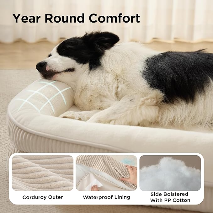 Bedsure Orthopedic Dog Beds Large Sized Dog - 360° Oval Bolster Large Dogs Bed for Senior Dogs with Waterproof Washable Cover, Big Comfort Pet Sofa Couch with Ultra-Soft Fleece, Beige, 35"