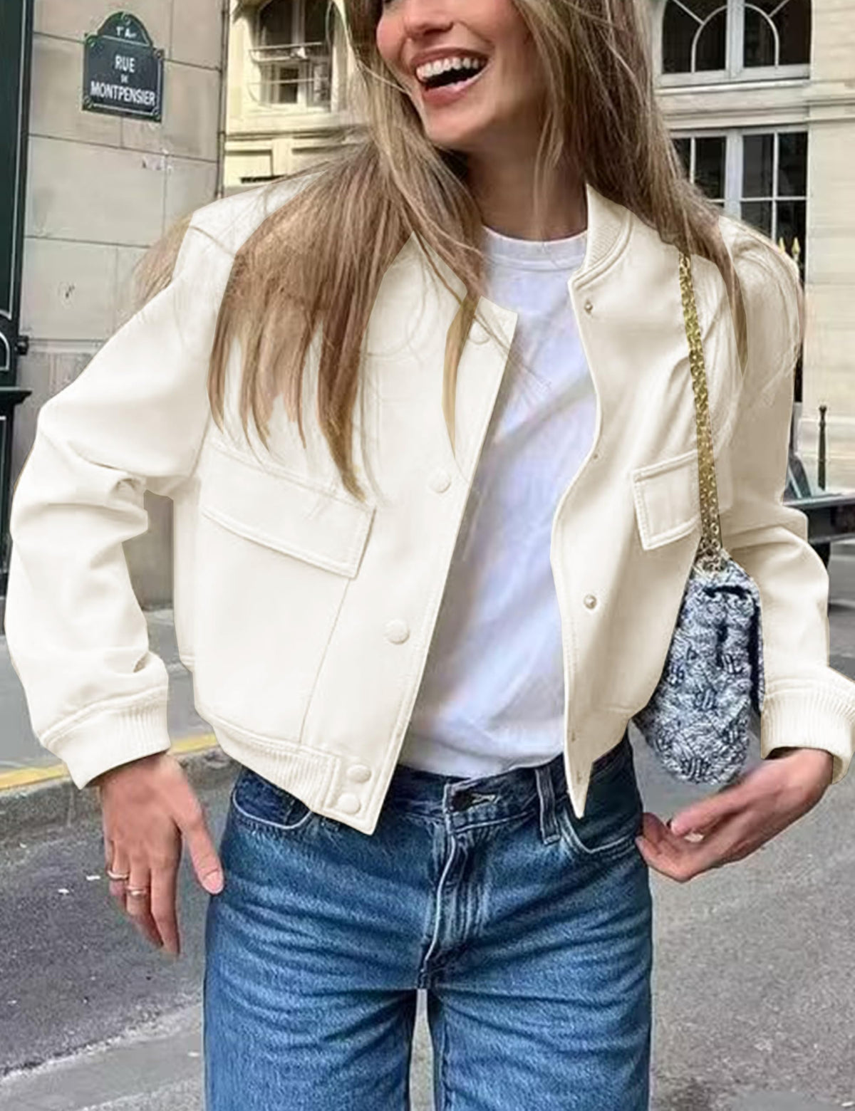 Megfie Womens Cropped Bomber Jacket Button Down Varsity Jackets Shackets with Pockets(0394-Beige-L)