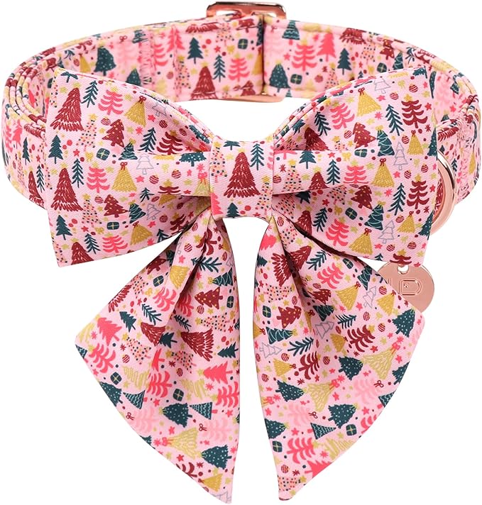 Christmas Dog Collar with Bow Tie, Pink Christmas Tree Collars for Dogs, Adjustable Pet Collar with Cute Xmas Tree Pendant, Winter Dog Accessories for Small Medium Large Dogs XS