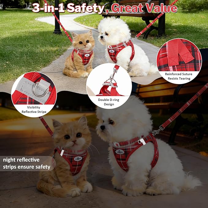 Gyuzh Dog Harness and Leash Set, 3-in-1 Step in No Pull Harness Vest Collar for Small Dogs & Cats, Lightweight Breathable Mesh Reflective Plaid with Padded Handle (Red, L)