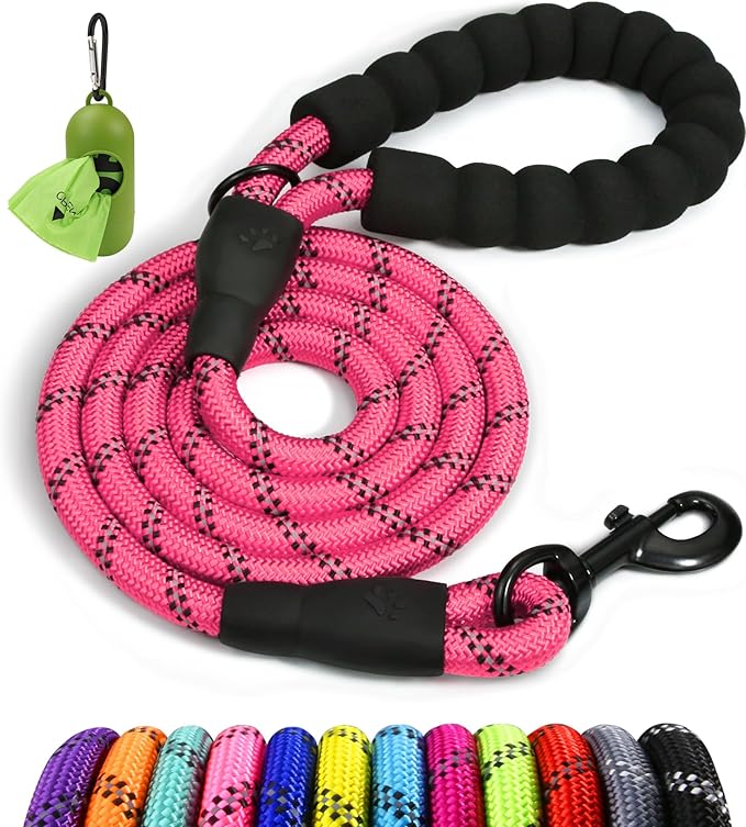 Taglory Rope Dog Leash 4 FT with Comfortable Padded Handle, Highly Reflective Threads Leash and Anti-Tangle Clip for Walking Small Dogs, 3/8 inch, Pink