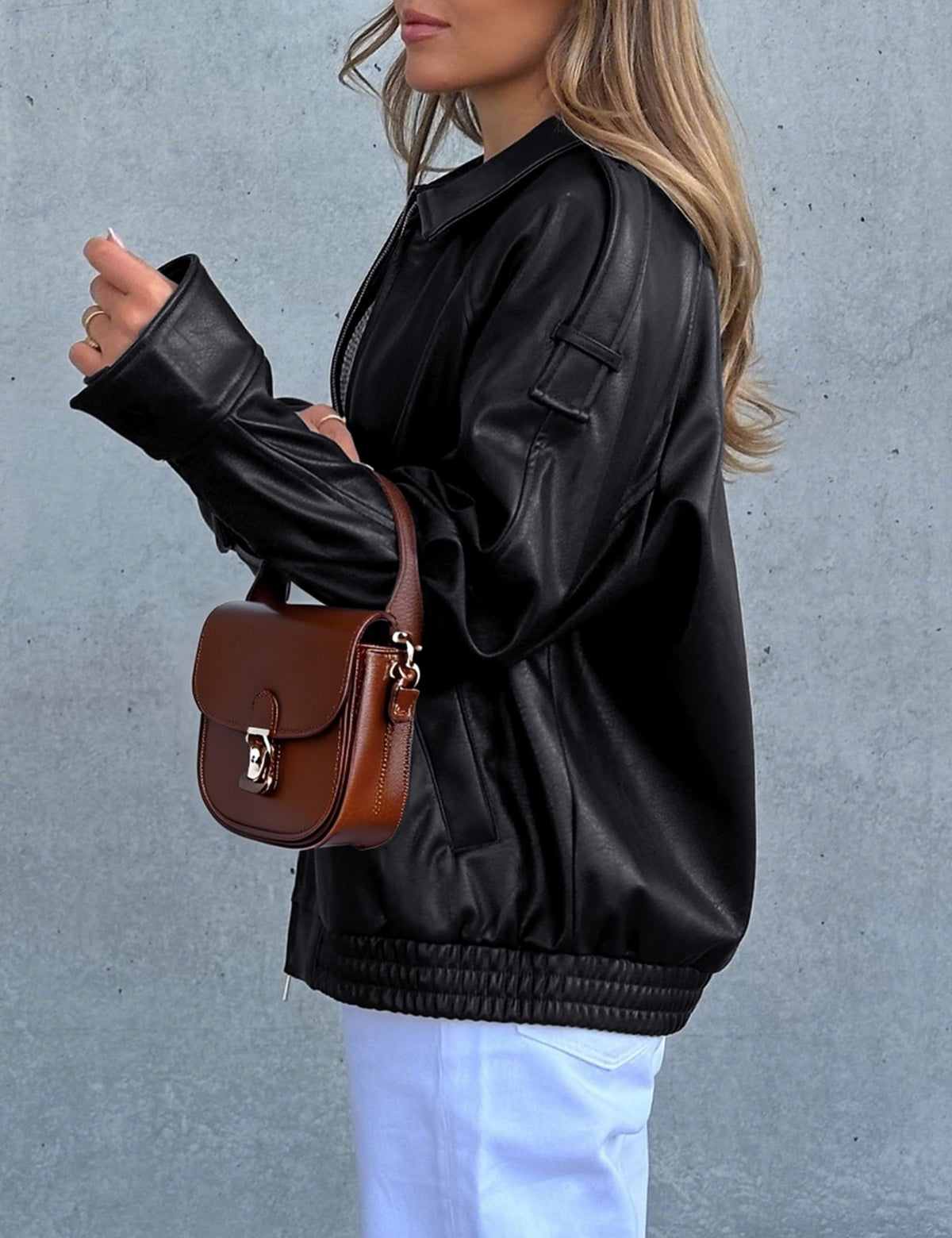 PHISOCKAT Women's Oversized Faux Leather Zip Up Bomber Jacket