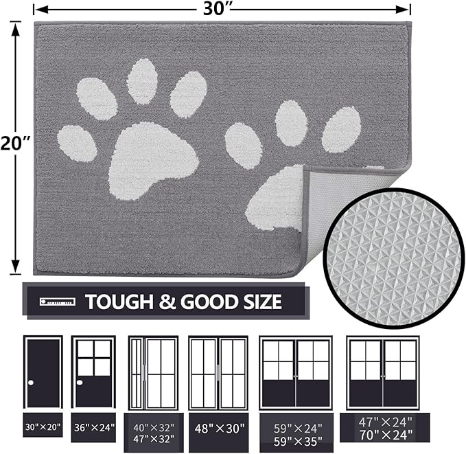 Buganda Dog Door Mat for Muddy Paws, Absorbent Dirt Trapper Washable Indoor Doormats, Non Slip Low-Profile Mud Mat for Dogs, Front Entrance Doormat for Inside Floor (59x24 Inches, Light Grey)