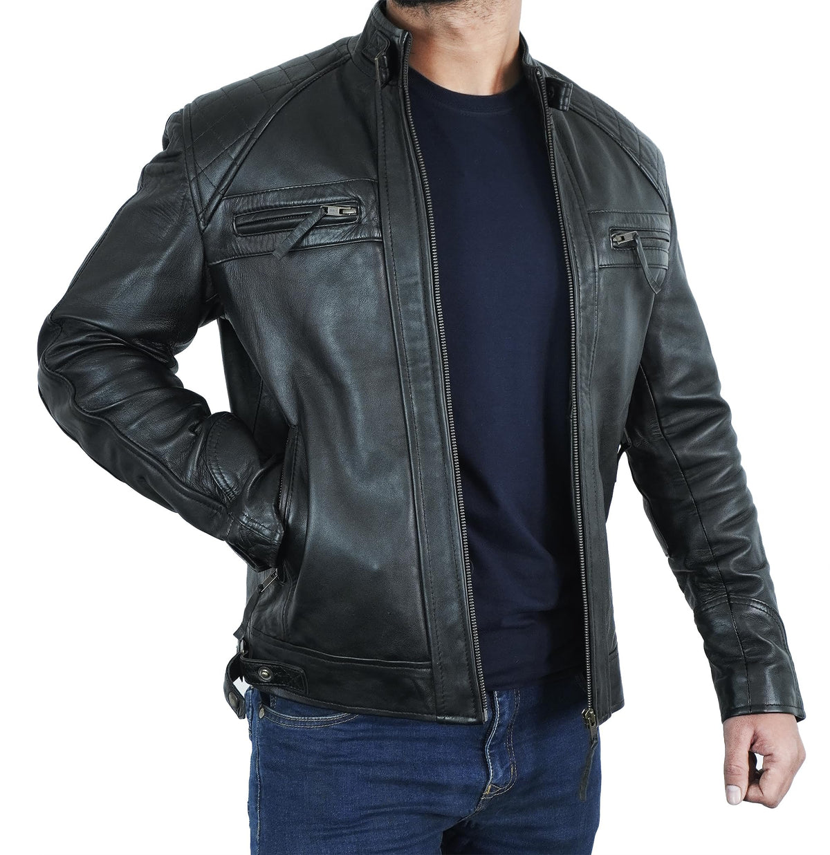 STOREJEES Leather Motorcycle Jacket Men | Diamond Black - S