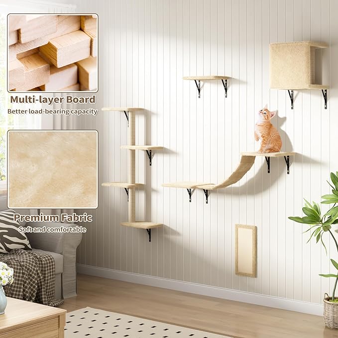 COZIWOW Wall Mounted Cat Furniture, Cat Wall Shelves and Perches, Floating Cat Shelves for Wall Set of 5(Beige)
