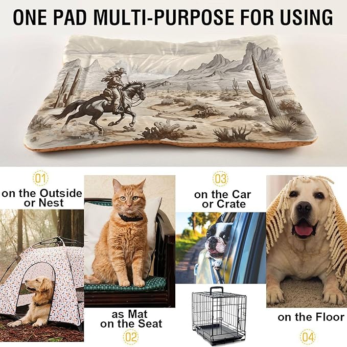 Western Desert Cowboy Dog Bed Cat Bed with Non-Slip Bottom, Kennel Bed Crate Soft Pet Bed Mattress Washable Pets Bed Pad for Small Medium Large Dogs Cats,18x24in