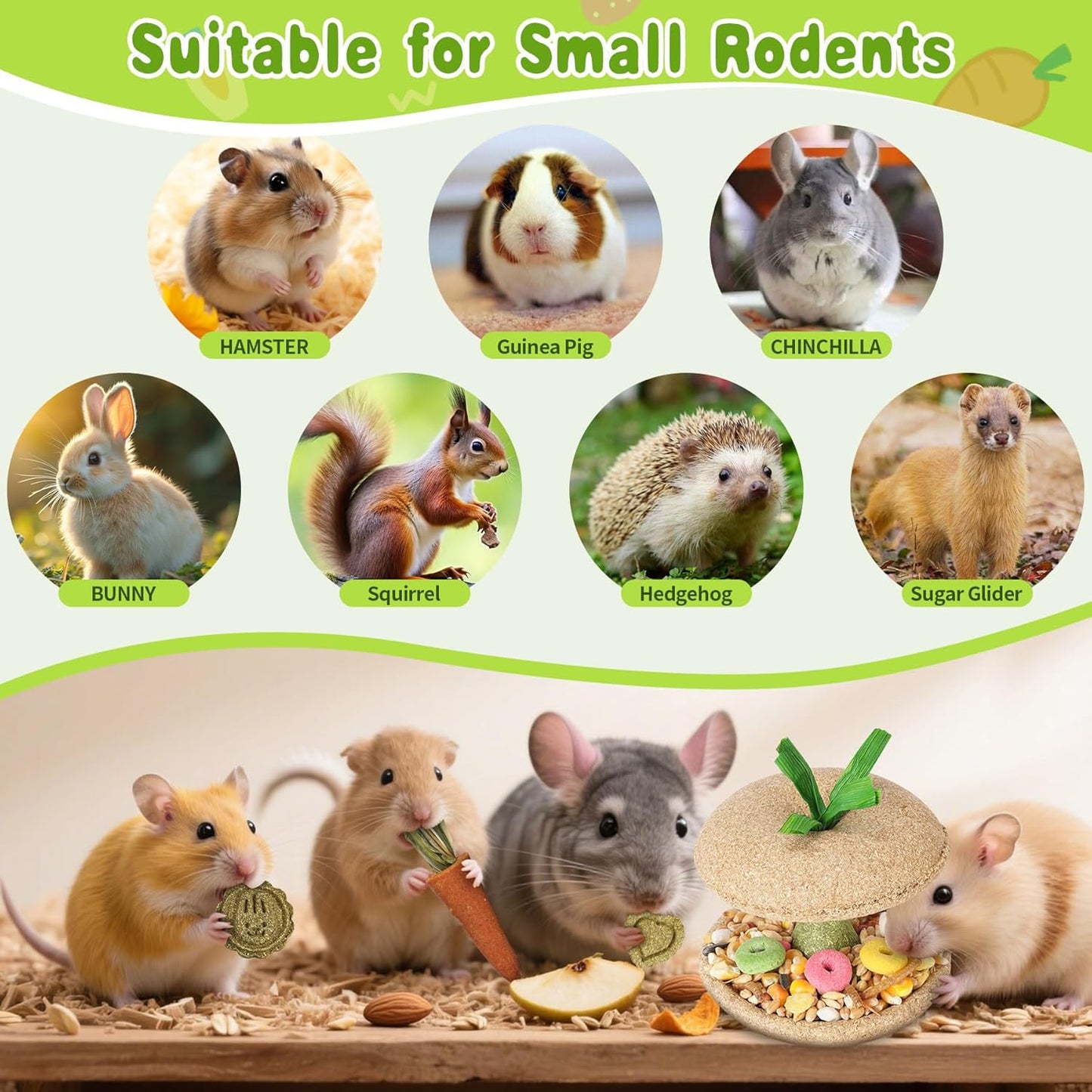 10 PCS Guinea Pig Chew Toys for Teeth, Rabbit Chew Toys Contain Natural Timothy Apple Core, Grass Cake, Carrot and Strawberry;Hamster toys for Bunny Chinchilla Gerbil Dental Care & Treat Teething