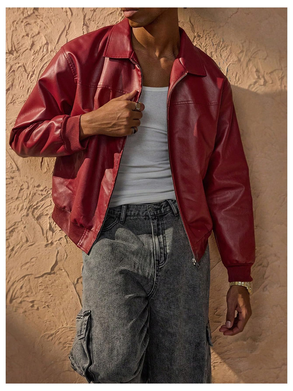 Verdusa Men's Leather Jacket Zip Up Collared Bomber Jackets with Pockets Red X-Large
