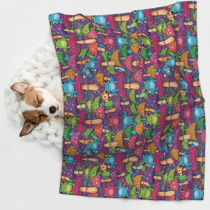 Pet Blanket for Couches and Beds, Watercolor Frogs Trippy Mushroom Cartoon, Reversible Double Sided Plush Design with Soft Bumpy Texture and Smooth Surface, Furniture Protector