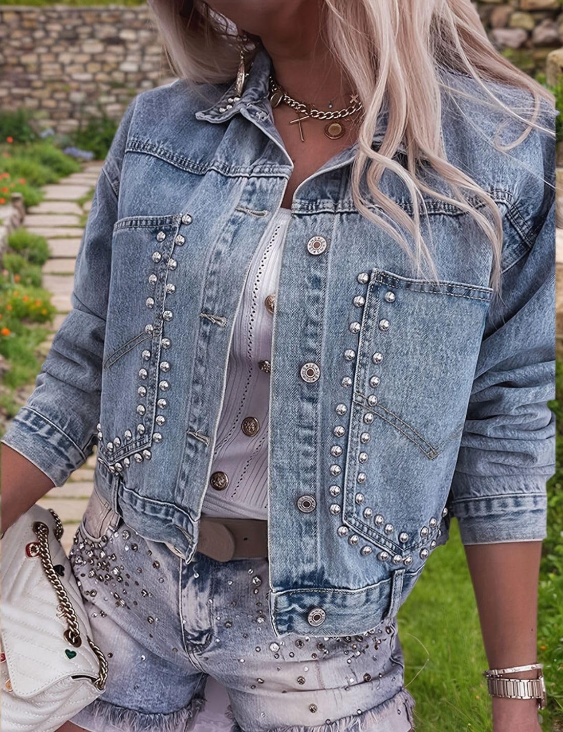 Kwoki Women's Studded Denim Jacket Casual Long Sleeve Western Distressed Rivet Cropped Jean Coat KF1387 Light Blue S
