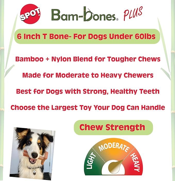 SPOT Bam-Bones Plus T Bone - Bamboo Fiber & Nylon, Durable Long Lasting Dog Chew for Aggressive Chewers – Toy for Dogs & Puppies Under 60lbs, Non-Splintering, 6in, Allergen Free Peanut Butter Flavor