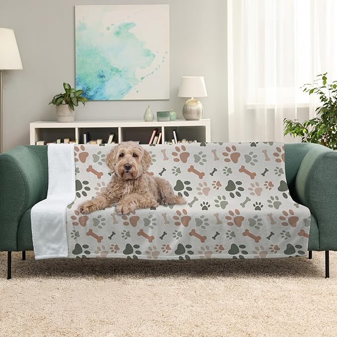 Cream Paw Print Sherpa Pet Lightweight Blanket - 50" x 60" - Fleece - Cute for Dogs - Gifts and Puppy Essentials - Printed in America
