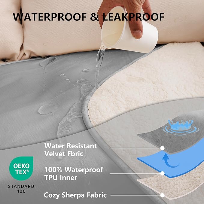 Waterproof Blanket for Bed, Leak Proof Dog Couch Sherpa Throw Blankets Reversible Pet Sofa Furniture Protector Machine Washable-86 x120,Grey