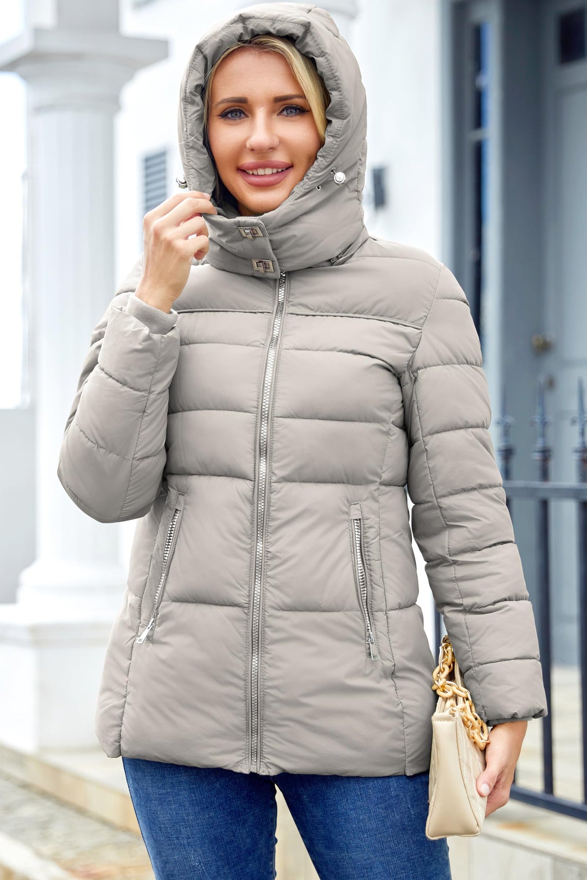 MODERN BUBBLE Womens Packable Puffer Jacket Winter Coat with Hood Warm Lightweight Thickened Down Jacket (US, Alpha, X-Large, Regular, Regular, Grey)