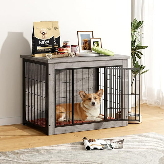 Greesum Modern Dog Crate Furniture That Doubles as a Side Table - Sturdy Wooden Kennel with Double Door Design, Equipped with Soft Cushion & Chew-Resistant Resign, Suitable for Dogs