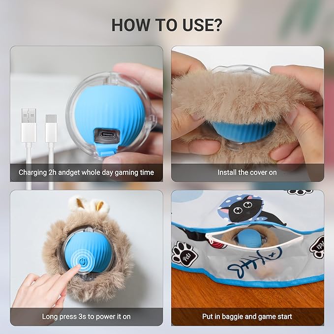 Interactive Cat Toys for Indoor Cats 2025 New Speedy Ball with Tail Cat Toy Automatic Motion Activated Moving Ball Hide and Seek Game for Indoor Exercise Kicker