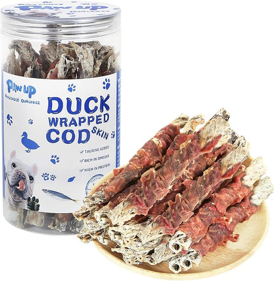 Cod Skin Dog Treats with Duck Dog Snacks High Protein and Omega-3, Natural Dog Chews w/Taurine, 12.5 oz