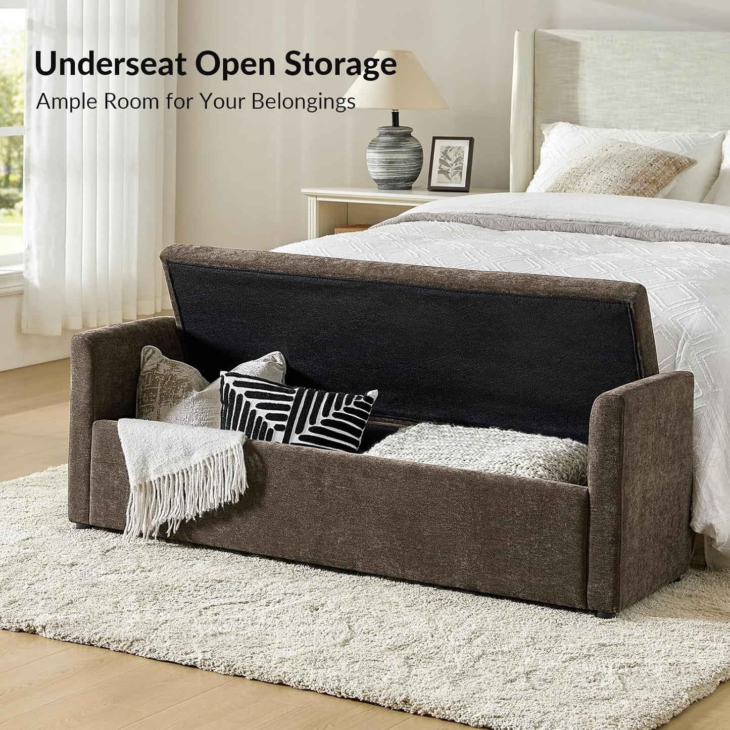 HULALA HOME Modern Storage Bench with Throw Pillows, 59.4" Extra Long Bedroom Ottoman Bench for End of Bed, Comfy Upholstered Footstool for Entryway Living Room Dining Room, Taupe