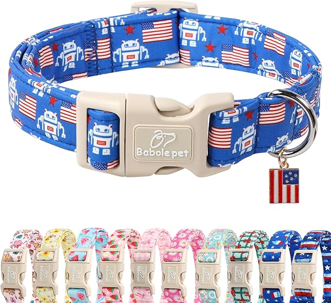 4th of July Dog Collar, Robot Star-Spangled Patriotic Dog Collars for Puppy Small Dogs, Adjustable Lightweight Quick-Release Buckle Collar for Boy&Girl Dogs XS