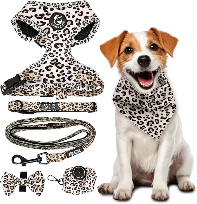 No Pull Harness and Leash Set - 6-in-1 Adjustable Vest Harness and Collars for Medium and Large Dogs. (Leopard, Medium)
