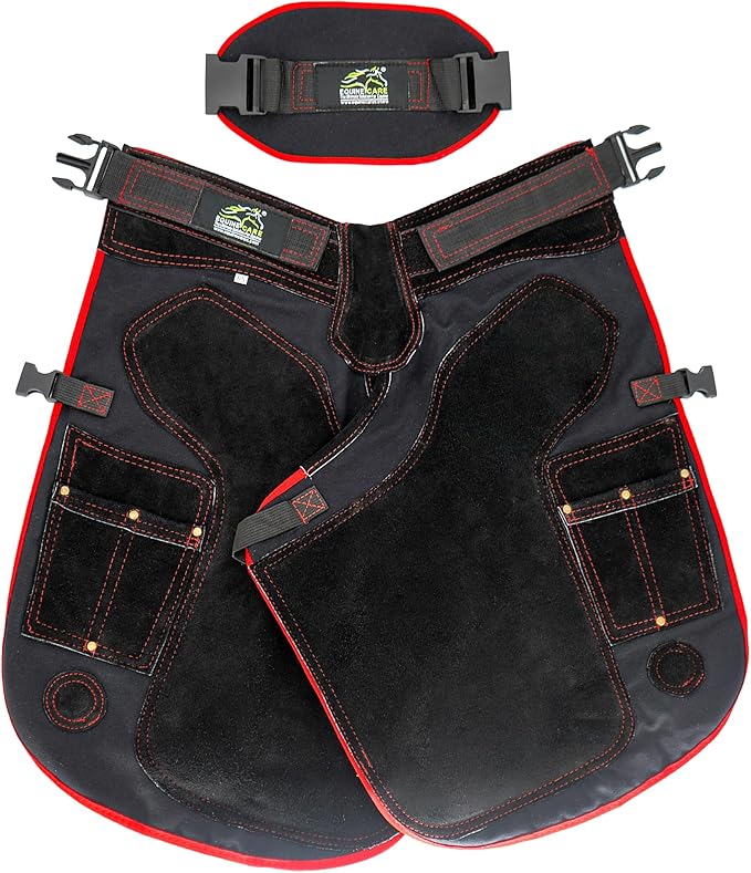 Equine Care Farrier Apron Chaps – Cowhide Leather & 500 GSM Canvas, EVA Padded Air-Mesh, Dual Magnetic, Adjustable Waist, Ergonomic Apron for Farriers, Blacksmiths & Hoof Trimming (25 inches (65 cm))