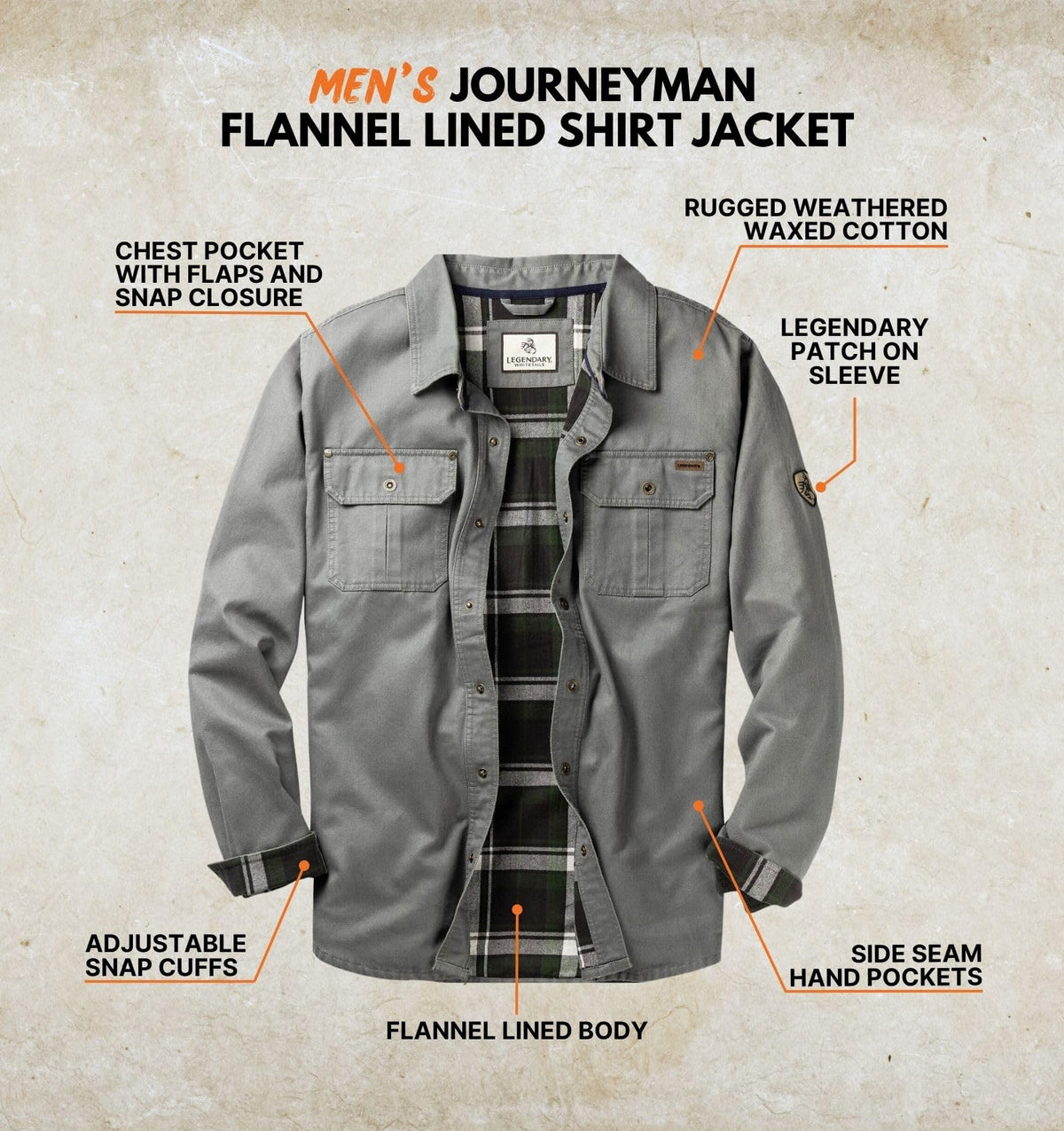 Mens Flannel Lined Waxed Cotton Shirt Jacket, Wolf, X-Large