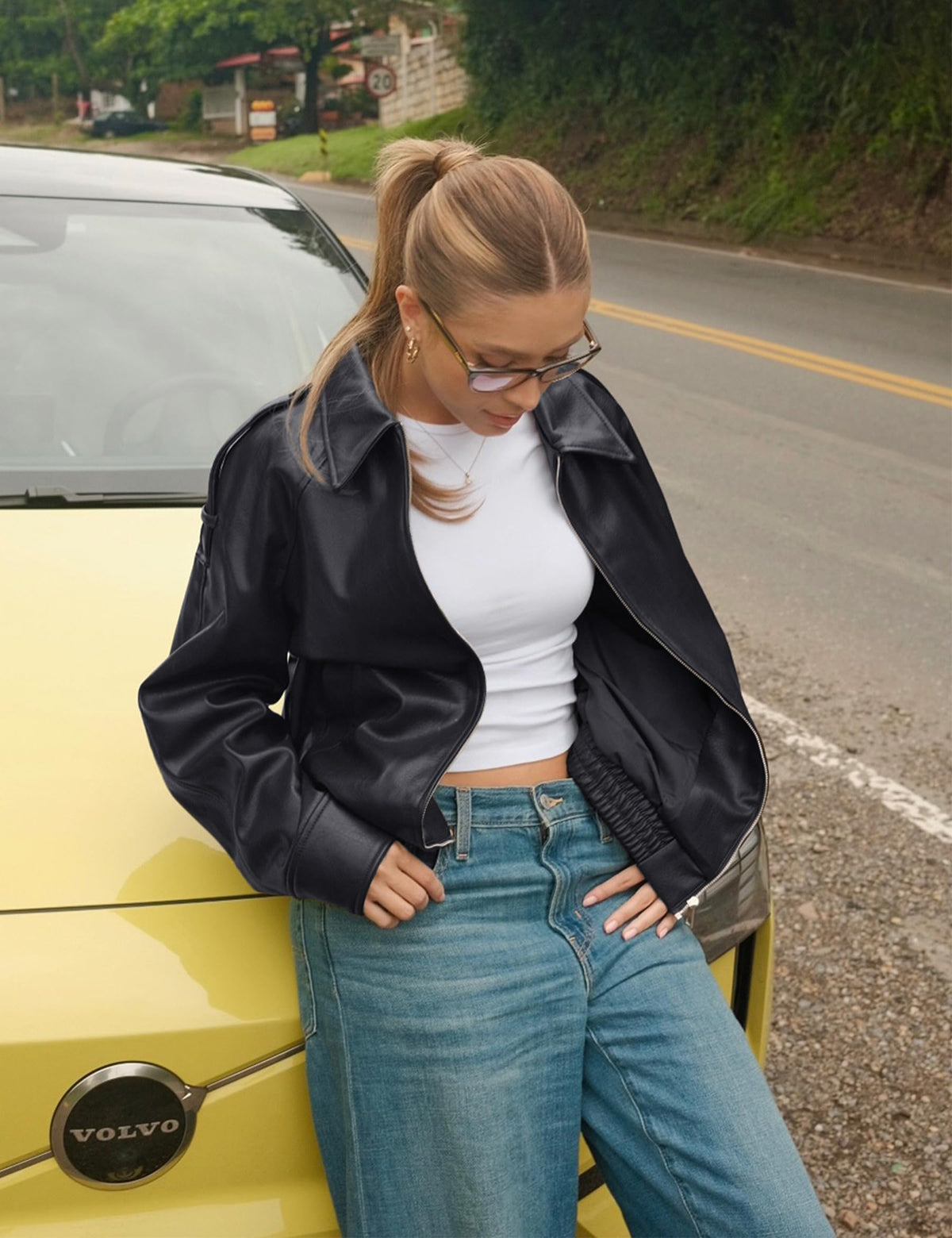 PHISOCKAT Women's Oversized Faux Leather Zip Up Bomber Jacket