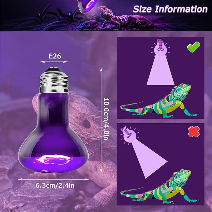 60W Reptile Night Light Bulb – 2.5" Small Purple Moonlight UVA Heat Lamp for Bearded Dragons, Lizards, Snakes, Chameleons, Amphibians, Turtles – Indoor Terrarium Basking Lamp, 2-Pack