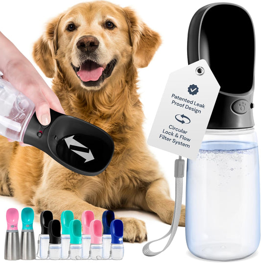 MalsiPree Dog Water Bottle - 19 Oz, Black, BPA-Free Stainless Steel - Portable & Lightweight Water Dispenser with Bowl for Dogs - Leak-Proof & No-Waste Design for Travel