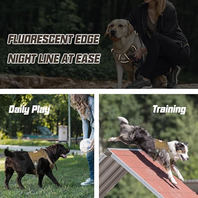 Auroth Tactical Dog Harness for Large Dogs No Pull Adjustable Pet Harness Reflective K9 Working Training Easy Control Pet Vest Military Service Dog Harnesses Army Yellow L