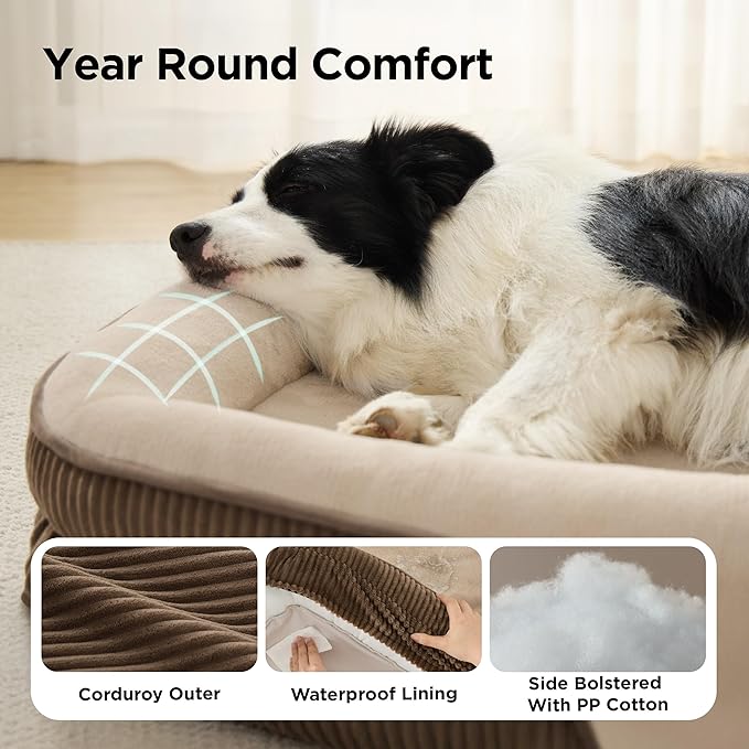 Bedsure Orthopedic Dog Bed Medium Size Dog - 360° Oval Bolster Medium Dogs Beds for Senior Dogs with Waterproof Washable Cover, Comfort Pet Sofa Couch with Ultra-Soft Fleece, Brown, 30"