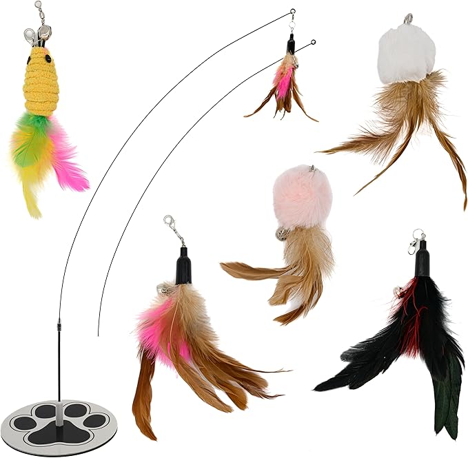 Interactive Cat Toys for Indoor Cats 2 in 1 Cat Wand Toys Solid Round Base Toys for Bored Indoor Adult Cats Self Play Feather Toy Bird Feather
