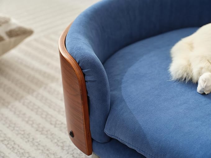 Scandinavian Style Elevated Dog Bed Pet Sofa with Solid Wood Legs and Bent Wood Back, Velvet Cushion, Small Size, Walnut Frame & Dark Blue Cushion