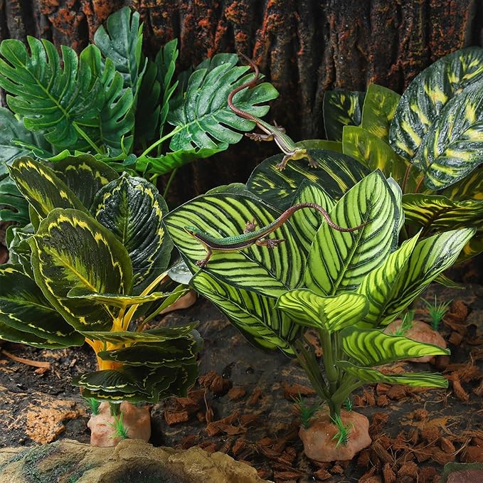 IBWell Terrarium Plants for Reptile Terrarium, Reptile Plants Tortoise Habitat Accessories, Artificial Spider Plant for Gecko, Ball Python, Tortoise Terrarium Décor - Peacock Prayer