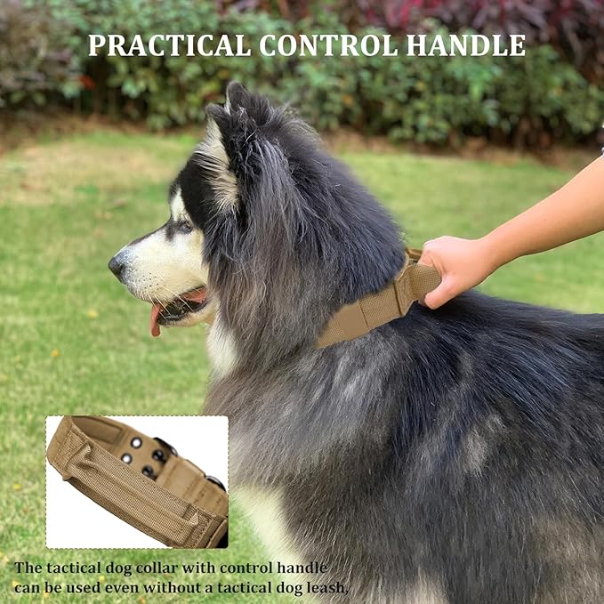 Tactical Dog Collar with Handle, Military Adjustable Heavy Duty Metal Buckle Dog Collars Soft Nylon Training Collar for Medium Large Dogs (Brown, Large)
