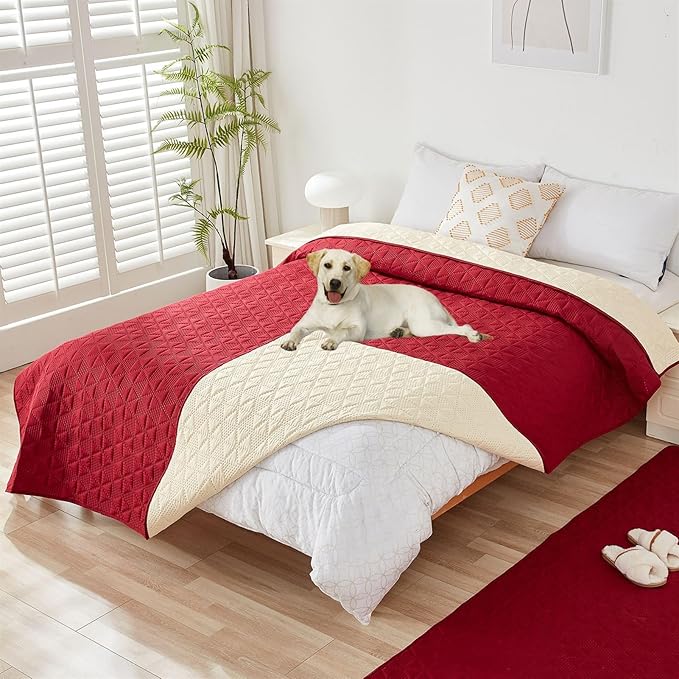 GIBZ Water Resistant Dog Bed Blanket Cover Large Anti Slip Pet Furniture Protector Washable Cat Quilted Mat for Couch, Red, 130x210cm