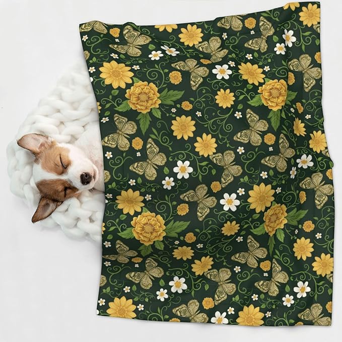 Two Sided Pet Cuddler Blanket for Anxiety Calming, Gold Flowers with Butterfly, Reversible Plush Design with Bubble Dot Pattern Provides Familiar Surface Anywhere