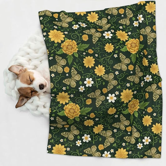 Two Sided Pet Cuddler Blanket for Anxiety Calming, Gold Flowers with Butterfly, Reversible Plush Design with Bubble Dot Pattern Provides Familiar Surface Anywhere