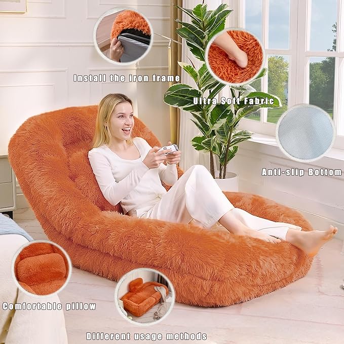 Adjustable 5-Position Human Dog Bed for People, Big Comfy Plush Floor Gaming Lazy Sofa Chair with Pillows & Back Support, Foldable Lounge Loveseat Couch for Living Room Bedroom (Orange)