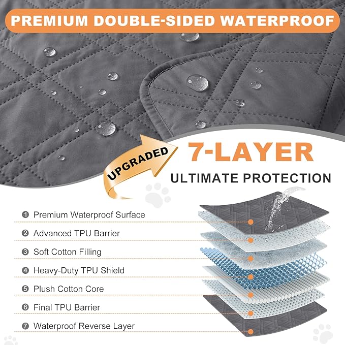 100% Waterproof Dog Couch Protector, Triple-Layer Waterproof Dog Bed Cover Pet Blanket Reversible 2-Tone Sofa Shield, Non-Slip Furniture Guard for Pets(35×71 Inch, Gray+Gray)