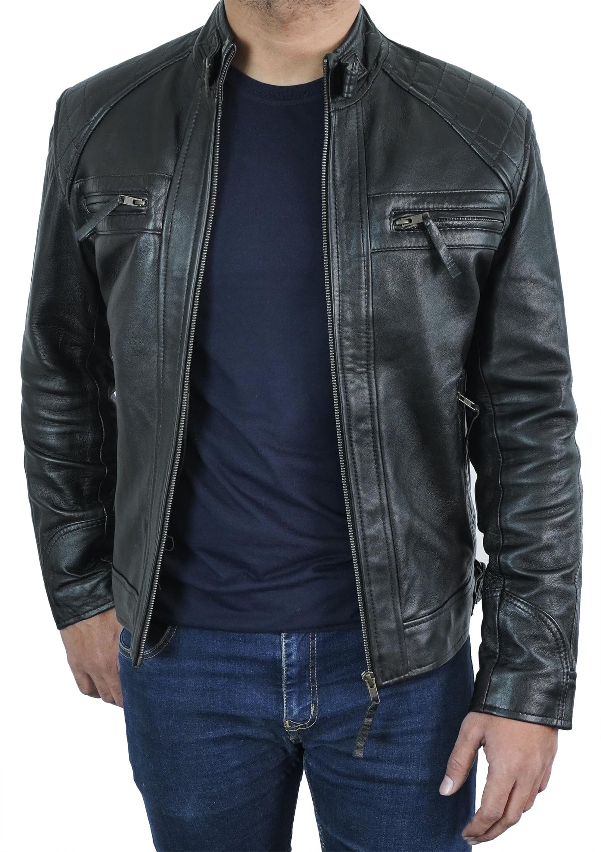 STOREJEES Leather Motorcycle Jacket Men | Diamond Black - S