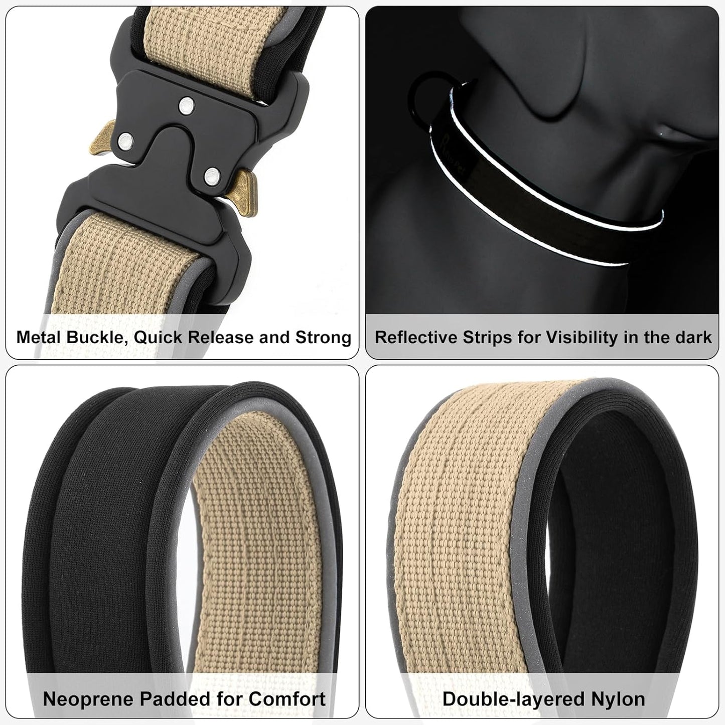Plutus Pet Tactical Dog Collar, Reflective, Adjustable Heavy Duty Dog Collar, Soft Padded and Comfortable, for Small Medium and Large Dogs (Beige, L)