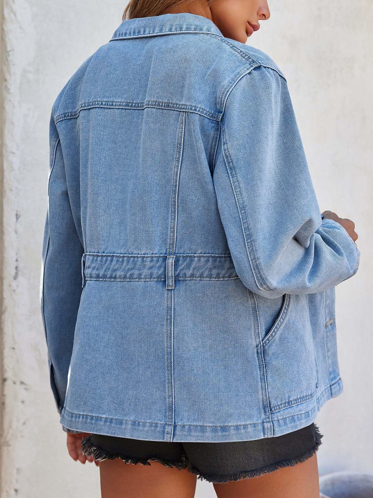 Tankaneo Denim Jacket for Women Distressed Jean Jacket Button Down Oversized Shacket with Pockets