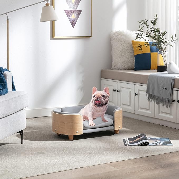 Scandinavian Style Elevated Dog Bed Pet Sofa with Solid Wood Legs and Bent Wood Back, Velvet Cushion, Small Size, Natural Frame & Light Grey Cushion