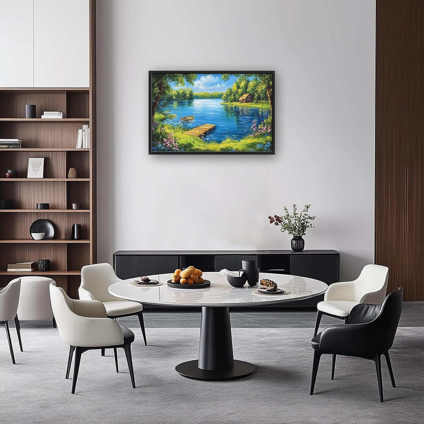 Large Lake Cabin Wall Art for Living Room, Framed Oversized Tree Boat Wildflowers Wall Decor Nature Landscape Canvas Painting Modern Artwork for Bathroom Bedroom Office Dining Room 36"x24"