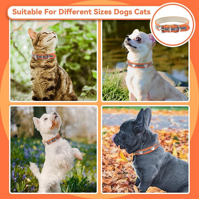 PETCARE Reflective Dog Collar with Cute Paw Rivet Studded Funny Soft PU Leather Adjustable Puppy Dog Collars for Small Medium Large Dogs Cats (Orange,XX-Large)