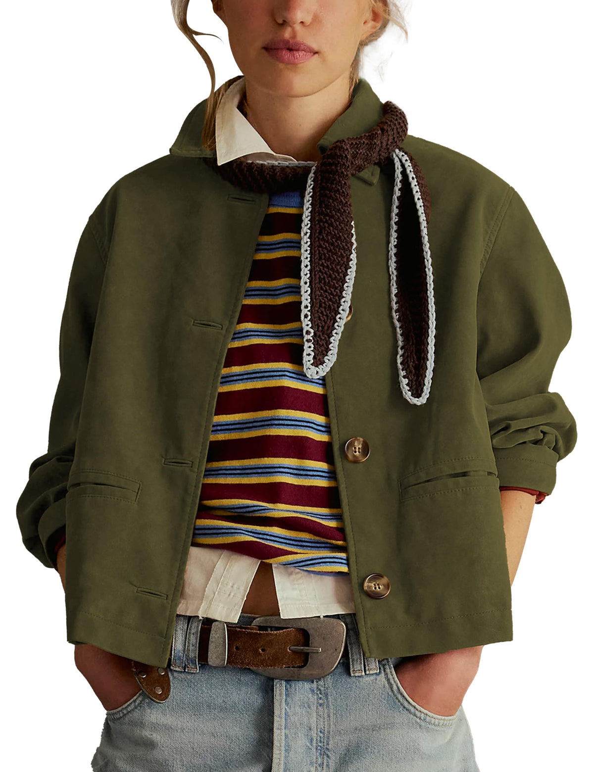Ziqoty Women's Faux Suede Cropped Jacket with Lapel Soft Short Casual Blazer for Fall Winter Vintage Button Down Coat(ArmyGreen-L)